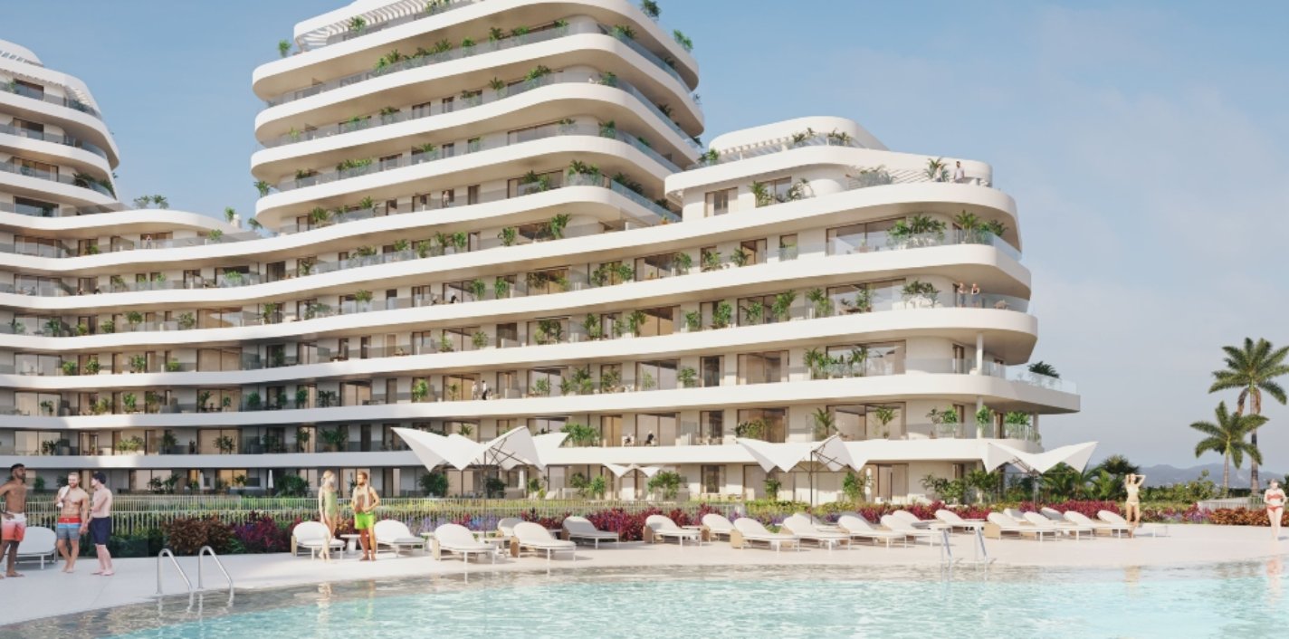 Piscina infinity del proyecto Térmica Beach que impulsan GINKGO y AEDAS Homes en Málaga capital