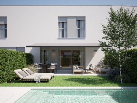Jardín con piscina de las viviendas de la nueva promoción Dendra de AEDAS Homes en Alcalá de Henares