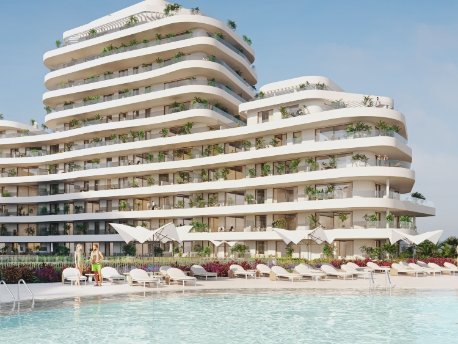 Piscina infinity del proyecto Térmica Beach que impulsan GINKGO y AEDAS Homes en Málaga capital